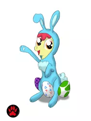 Size: 1500x1999 | Tagged: safe, artist:darkprinceismyname, derpibooru import, apple bloom, earth pony, pony, animal costume, bunny costume, clothes, costume, easter, easter egg, holiday, image, png