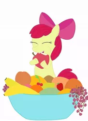 Size: 680x936 | Tagged: safe, artist:merejump, derpibooru import, apple bloom, earth pony, pony, apple, banana, cherry, eating, female, filly, food, fruit, fruit bowl, grapes, image, jpeg, peach, solo