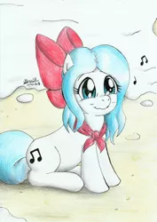 Size: 1645x2324 | Tagged: safe, artist:3500joel, derpibooru import, oc, oc:galleta, unofficial characters only, earth pony, pony, bow, earth pony oc, female, image, jpeg, traditional art, whistling