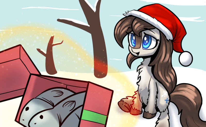 Size: 4000x2454 | Tagged: safe, artist:ahobobo, derpibooru import, oc, oc:frosty flakes, unofficial characters only, earth pony, pony, taiga pony, christmas, female, fluffy, gift giving, hat, holiday, image, magic, png, present, santa hat, snow