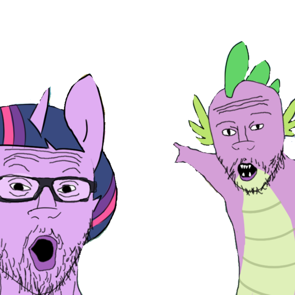 Size: 792x792 | Tagged: safe, artist:tjpones, derpibooru import, edit, spike, twilight sparkle, anthro, unguligrade anthro, friendship is magic, :o, beard, cursed image, facial hair, glasses, image, meme, open mouth, png, pointing, ponyville, scene interpretation, simple background, soyjak, transparent background, wojak