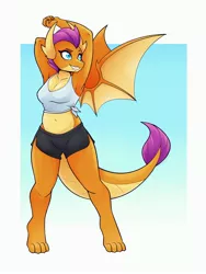 Size: 2700x3600 | Tagged: safe, alternate version, artist:ambris, derpibooru import, smolder, anthro, digitigrade anthro, dragon, arm behind head, barefoot, belly button, breasts, busty smolder, clothes, dragoness, eyebrows, eyelashes, fangs, feet, female, high res, image, jpeg, lizard breasts, lizard navel, midriff, reasonably sized breasts, shorts, smiling, solo, stretching, tanktop, wings