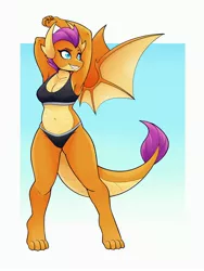 Size: 2700x3600 | Tagged: suggestive, alternate version, artist:ambris, derpibooru import, smolder, anthro, digitigrade anthro, dragon, arm behind head, barefoot, belly button, breasts, busty smolder, clothes, dragoness, eyebrows, eyelashes, fangs, feet, female, high res, image, jpeg, lizard breasts, lizard navel, midriff, panties, reasonably sized breasts, smiling, solo, sports bra, sports panties, stretching, tomboy, underwear, wings