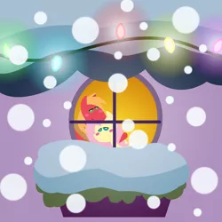 Size: 2160x2160 | Tagged: safe, anonymous artist, derpibooru import, big macintosh, fluttershy, earth pony, pegasus, pony, series:fm holidays, series:hearth's warming advent calendar 2021, advent calendar, blush sticker, blushing, christmas, christmas lights, female, fluttermac, fluttershy's cottage, high res, holiday, hoof on shoulder, image, lidded eyes, lineless, male, mare, png, pointy ponies, shipping, snow, snowfall, stallion, straight, window
