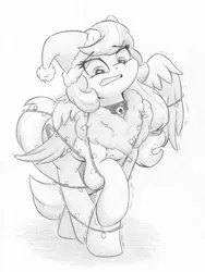 Size: 4602x6136 | Tagged: safe, artist:zemer, derpibooru import, oc, oc:feather belle, pegasus, adorable distress, bell, bell collar, chest fluff, christmas, christmas lights, collar, cute, fluffy, hair tie, hat, holiday, image, jpeg, monochrome, pencil drawing, raised leg, santa hat, solo, tied up, traditional art, wings