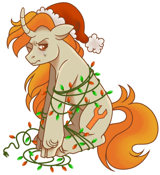 Size: 1736x1893 | Tagged: safe, artist:fizzmitz, derpibooru import, oc, oc:tekkitbeasting, unofficial characters only, pony, unicorn, derpibooru community collaboration, 2022 community collab, christmas, christmas lights, curved horn, hat, holiday, horn, image, male, png, santa hat, solo, stallion