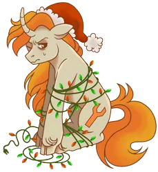 Size: 1736x1893 | Tagged: safe, artist:fizzmitz, derpibooru import, oc, oc:tekkitbeasting, unofficial characters only, pony, unicorn, derpibooru community collaboration, 2022 community collab, christmas, christmas lights, curved horn, hat, holiday, horn, image, male, png, santa hat, solo, stallion