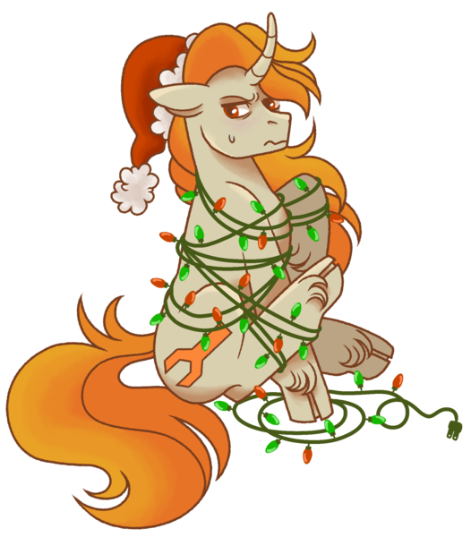 Size: 1755x2002 | Tagged: safe, artist:fizzmitz, derpibooru import, oc, oc:tekkitbeasting, unofficial characters only, pony, unicorn, christmas, christmas lights, curved horn, hat, holiday, horn, image, male, png, santa hat, stallion, unshorn fetlocks