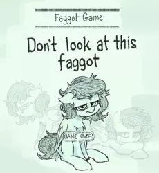 Size: 702x762 | Tagged: safe, artist:plunger, ponybooru import, oc, oc:anonfilly, unofficial characters only, pegasus, pony, annoyed, chicken game, faggot, female, filly, image, looking at you, png, race swap, sitting, slur, the game, vulgar