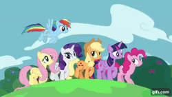 Size: 640x360 | Tagged: safe, derpibooru import, screencap, applejack, fluttershy, pinkie pie, rainbow dash, rarity, twilight sparkle, twilight sparkle (alicorn), alicorn, earth pony, pegasus, pony, unicorn, all bottled up, season 7, animated, applejack's hat, autumn, best friends until the end of time, cowboy hat, doctor who, female, flying, gif, gifs.com, hat, image, mane six, mare, open mouth, open smile, smiling, snow, summer, sunglasses, time lapse, winter