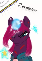 Size: 418x600 | Tagged: safe, artist:decokelow, fizzlepop berrytwist, tempest shadow, pony, unicorn, blood, crossover, dalgona, female, image, jpeg, mare, messed up hair, needle, signature, solo, squid game