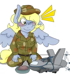 Size: 2746x2881 | Tagged: safe, artist:blackbewhite2k7, derpibooru import, derpy hooves, anthro, blushing, clothes, commission, cute, drone, food bowl, glasses, image, kneeling, military uniform, naive, png, smiling, spread wings, uniform, wings