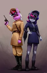 Size: 2000x3132 | Tagged: safe, artist:mrscroup, derpibooru import, oc, oc:galaxy rose, unofficial characters only, anthro, bat pony, unicorn, equestria at war mod, clothes, commission, duo, female, gun, handgun, image, jpeg, lunar empire, male, mauser c96, military, officer, pistol, signature, simple background, solar empire, uniform, weapon
