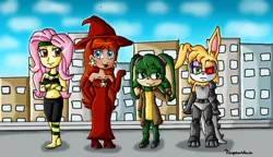 Size: 1280x739 | Tagged: safe, artist:ninpeachlover, derpibooru import, fluttershy, oc, oc:envy the rabbit, human, equestria girls, ponies of dark water, bare shoulders, barely eqg related, city, clothes, corrupted fluttershy, crossed arms, crossover, dark fluttershy, dark theme, dress, ear piercing, earring, gloves, hat, high heels, image, jewelry, jpeg, long hair, looking at you, piercing, poison ivyshy, princess daisy, red dress, red eyes, red hat, shoes, sonic the hedgehog (series), strapless, super mario bros., witch, witch costume, witch hat