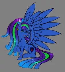 Size: 2006x2199 | Tagged: safe, artist:lefi32, derpibooru import, oc, oc:blue pure, unofficial characters only, alicorn, pony, blue eyes, blue fur, broken horn, colored sketch, ear piercing, earring, fluffy, gray background, green hair, horn, image, jewelry, piercing, png, ponytail, purple hair, raised hoof, simple background, sitting, sketch, solo, wings