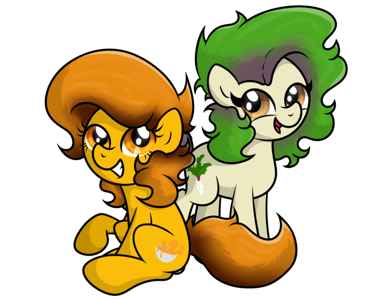 Size: 1997x1522 | Tagged: safe, artist:background basset, derpibooru import, oc, oc:chiara curry, oc:ronda radish, ponified, unofficial characters only, earth pony, food pony, original species, pony, derpibooru community collaboration, 2022 community collab, duo, food, image, open mouth, png, simple background, sitting, smiling, transparent background