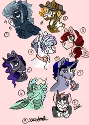 Size: 500x700 | Tagged: safe, artist:strawberrysharkie, derpibooru import, oc, oc:brilliant diamond, oc:cherry cox, oc:comet kicker, oc:gumball bounce, oc:pumpkin patch, oc:sleet storm, oc:thorn, unofficial characters only, diamond dog, dragon, earth pony, pegasus, pony, unicorn, bust, collar, cowboy hat, drink, drinking, ear fluff, ear piercing, earring, female, hair over eyes, hat, headphones, image, jewelry, levitation, magic, male, mare, nose piercing, offspring, parent:applejack, parent:big macintosh, parent:fancypants, parent:flash sentry, parent:fluttershy, parent:pinkie pie, parent:pokey pierce, parent:princess ember, parent:rainbow dash, parent:rarity, parent:soarin', parent:spike, parent:trouble shoes, parent:troubleshoes clyde, parent:twilight sparkle, parents:emberspike, parents:flashlight, parents:fluttermac, parents:pokeypie, parents:raripants, parents:soarindash, parents:troublejack, piercing, pink background, png, simple background, stallion, straw in mouth, telekinesis, tongue out