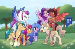 Size: 4441x2911 | Tagged: safe, artist:alinabr00k, derpibooru import, hitch trailblazer, izzy moonbow, pipp petals, sunny starscout, zipp storm, my little pony: a new generation, 5th doctor, adric, crossover, doctor who, g5, image, peter davison, png