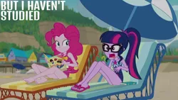 Size: 1280x720 | Tagged: safe, derpibooru import, edit, edited screencap, editor:quoterific, screencap, feather bangs, pinkie pie, sci-twi, twilight sparkle, equestria girls, equestria girls series, friendship math, barefoot, beach, clothes, duo, duo female, feet, female, geode of sugar bombs, geode of telekinesis, glasses, image, jewelry, jpeg, lounge chair, magazine, magazine cover, magical geodes, male, necklace, one-piece swimsuit, open mouth, ponytail, sandals, smiling, sunglasses, swimsuit, umbrella
