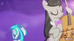 Size: 640x360 | Tagged: safe, derpibooru import, screencap, octavia melody, vinyl scratch, earth pony, pony, unicorn, season 5, slice of life (episode), animated, bipedal, bow (instrument), cello, cello bow, duo, duo female, eyes closed, female, gif, gifs.com, image, mare, musical instrument, smiling