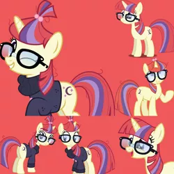 Size: 800x800 | Tagged: safe, artist:cloudyglow, artist:cloudyskie, artist:dashiesparkle, artist:slb94, artist:twilyisbestpone, derpibooru import, moondancer, pony, unicorn, butt, clothes, female, glasses, image, mare, plot, png, red background, simple background, solo, sweater