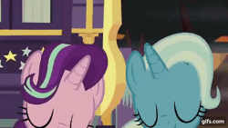 Size: 640x360 | Tagged: safe, derpibooru import, screencap, starlight glimmer, trixie, pony, unicorn, road to friendship, season 8, spoiler:s08, animated, eyes closed, female, fire, gif, gifs.com, image, mare, open mouth, open smile, smiling