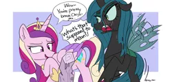 Size: 3345x1610 | Tagged: suggestive, derpibooru import, princess cadance, queen chrysalis, alicorn, changeling, pony, anything is a dildo if you're brave enough, blushing, duo, duo female, female, image, implied dildo, implied masturbation, innuendo, mare, png, twilog