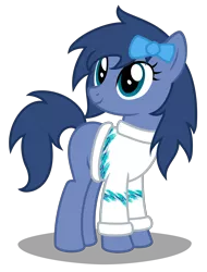 Size: 2780x3650 | Tagged: safe, artist:strategypony, derpibooru import, oc, oc:whinny, unofficial characters only, earth pony, pony, bow, clothes, earth pony oc, female, full body, hair bow, high res, image, looking up, mare, png, shadow, show accurate, simple background, size difference, smiling, solo, standing, sweater, tail, transparent background