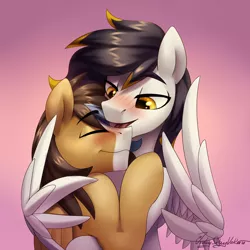 Size: 3000x3000 | Tagged: safe, artist:jedayskayvoker, derpibooru import, oc, oc:gear (gearslavehorse), oc:thunder arch, unofficial characters only, pegasus, blaze (coat marking), blushing, coat markings, colored, commission, couple, cute, eyebrows, eyebrows visible through hair, facial markings, gay, gradient background, hug, image, male, pegasus oc, png, winghug, wings