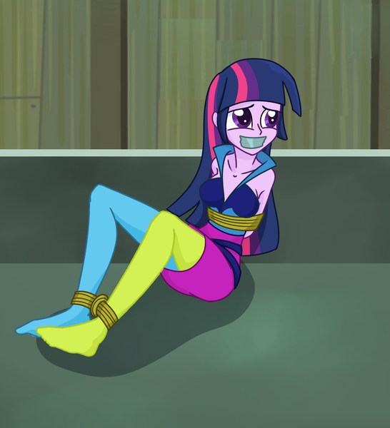 Size: 1484x1631 | Tagged: safe, artist:splendidbondage, derpibooru import, part of a set, twilight sparkle, equestria girls, ankle tied, bare shoulders, bondage, bound and gagged, clothes, female, gag, image, png, rainbow rocks outfit, rope, rope bondage, set:rainbooms in bondage, solo, tape, tape gag