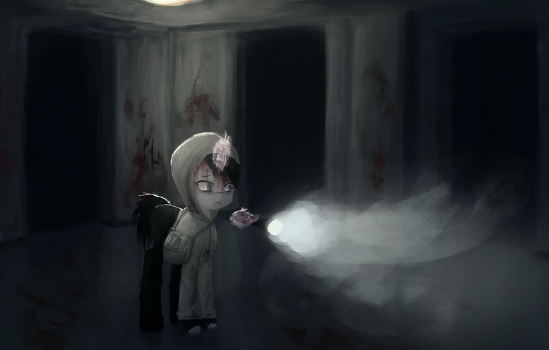 Size: 2000x1278 | Tagged: semi-grimdark, artist:menalia, derpibooru import, pony, unicorn, bag, blood, clothes, cry of fear, dark room, flashlight (object), gloves, hoodie, horn, image, male, pants, png, scared, shoes, stallion