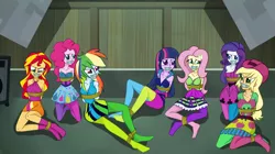 Size: 3000x1674 | Tagged: safe, artist:splendidbondage, derpibooru import, part of a set, applejack, fluttershy, pinkie pie, rainbow dash, rarity, sunset shimmer, twilight sparkle, equestria girls, ankle tied, applesub, arm behind back, bare shoulders, bondage, bound and gagged, bound wrists, breasts, cleavage, clothes, cowboy hat, dashsub, dress, female, femsub, fluttersub, gag, hat, image, kneeling, pinkiesub, png, rainbow rocks outfit, rarisub, rope, rope bondage, set:rainbooms in bondage, skirt, socks, submissive, subset, tape, tape gag, twisub