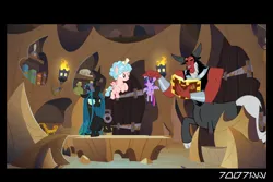 Size: 1288x858 | Tagged: safe, derpibooru import, edit, edited screencap, editor:teren rogriss, screencap, cozy glow, lord tirek, queen chrysalis, twilight sparkle, centaur, changeling, changeling queen, pegasus, pony, the ending of the end, book, evil lair, female, grogar's lair, image, jpeg, lair, pin, plushie, twilight sparkle plushie, voodoo doll