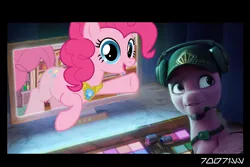 Size: 1288x858 | Tagged: safe, derpibooru import, edit, edited screencap, editor:teren rogriss, screencap, pinkie pie, earth pony, pegasus, pony, my little pony: a new generation, spoiler:g5, baseball cap, cap, control panel, element of laughter, facial hair, g4, g5, goatee, hat, headphones, image, jpeg, pinkie being pinkie, ruddy sparks, screen