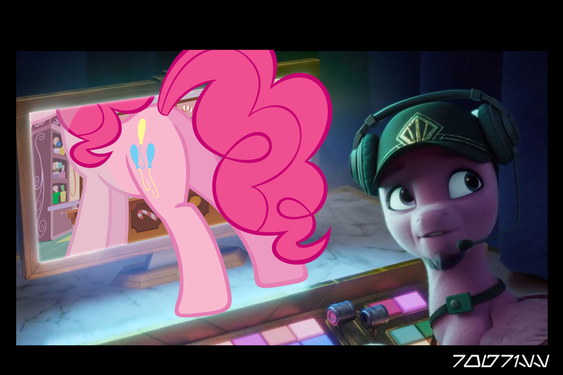 Size: 1288x858 | Tagged: safe, derpibooru import, edit, edited screencap, editor:teren rogriss, screencap, pinkie pie, earth pony, pegasus, pony, my little pony: a new generation, spoiler:g5, baseball cap, butt, cap, control panel, facial hair, g4, g5, goatee, hat, headphones, image, jpeg, pinkie being pinkie, plot, ruddy sparks, screen