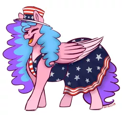 Size: 2804x2655 | Tagged: safe, artist:bellbell123, derpibooru import, oc, oc:bella pinksavage, unofficial characters only, pegasus, pony, 4th of july, clothes, dress, eyes closed, female, holiday, image, jpeg, open mouth, pegasus oc, simple background, united states, white background, wings