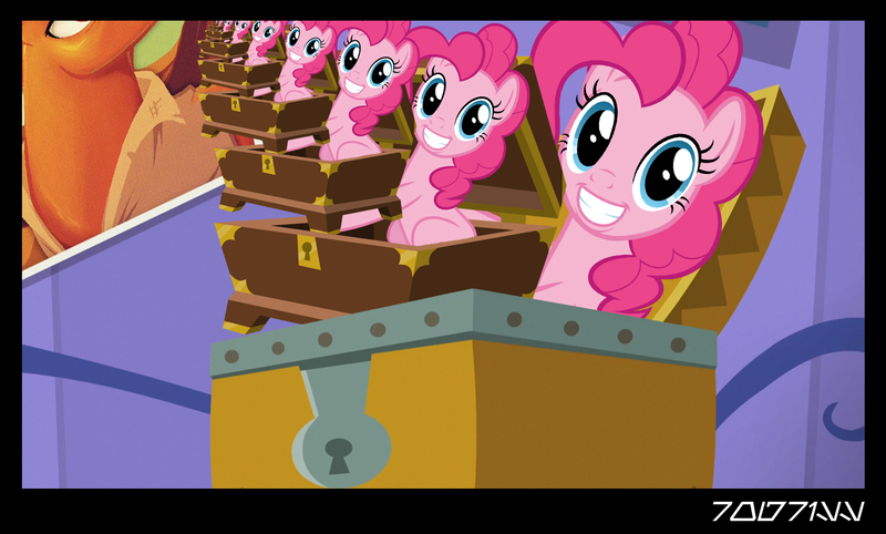 Size: 1288x776 | Tagged: safe, derpibooru import, edit, edited screencap, editor:teren rogriss, screencap, pinkie pie, earth pony, pony, the one where pinkie pie knows, chest, image, it never ends, jpeg, multeity, open chest, poster, recursion, smash fortune, twilight's castle