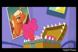 Size: 1288x858 | Tagged: safe, derpibooru import, edit, edited screencap, editor:teren rogriss, screencap, pinkie pie, earth pony, mimic, pony, the one where pinkie pie knows, chest, forked tongue, image, jpeg, mimic chest, open chest, poster, smash fortune, teeth, this will not end well, tongue out, twilight's castle
