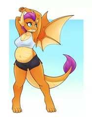 Size: 2700x3600 | Tagged: safe, artist:ambris, derpibooru import, edit, smolder, anthro, digitigrade anthro, dragon, ankles, arm behind head, barefoot, belly button, breasts, busty smolder, clothes, dolphin shorts, dragoness, eyebrows, eyelashes, fangs, feet, female, high res, image, jpeg, lizard breasts, lizard navel, midriff, outie belly button, pregnant, pregnant edit, reasonably sized breasts, shorts, smiling, solo, stretching, tanktop, tomboy, wings