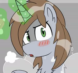 Size: 1139x1069 | Tagged: safe, artist:icey, derpibooru import, oc, oc:littlepip, unofficial characters only, pony, unicorn, fallout equestria, blushing, bust, chest fluff, cropped, female, glow, glowing horn, horn, image, jpeg, looking at you, magic, mare, open mouth, shower, soap, solo, telekinesis, wet, wet mane
