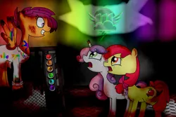 Size: 1024x683 | Tagged: semi-grimdark, artist:9cynthia, derpibooru import, apple bloom, scootaloo, sweetie belle, earth pony, pegasus, pony, unicorn, fanfic:pegasus device, fanfic:rainbow factory, absentia, alternate cutie mark, alternate hairstyle, blood, blood stains, clothes, crying, evil, evil grin, evil scootaloo, factory scootaloo, fanfic art, female, filly, grin, image, jpeg, lab coat, liquid rainbow, looking at each other, looking at someone, next generation, pegasus device, rainbow blood, rainbow factory logo, sad, shocked, smiling, spectra, trio, wrong outfit