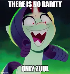 Size: 500x525 | Tagged: safe, derpibooru import, edit, edited screencap, screencap, rarity, pony, unicorn, my little pony: a new generation, caption, female, g5, ghostbusters, image, image macro, imgflip, jpeg, mare, possessed, red eyes, sproutity, text, zuul