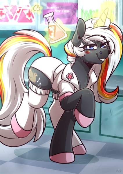 Size: 3508x4961 | Tagged: safe, artist:lrusu, derpibooru import, oc, oc:velvet remedy, pony, unicorn, fallout equestria, blushing, image, looking at you, magic, magic aura, mint-als, nurse, nurse outfit, png, potion, sultry
