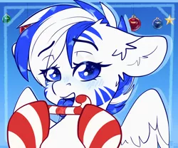 Size: 2400x2000 | Tagged: suggestive, artist:etoz, derpibooru import, oc, oc:light speed, unofficial characters only, pegasus, pony, blushing, candy, candy cane, christmas, clothes, commission, cute, drool, drool string, eating, eyebrows, eyebrows visible through hair, female, food, high res, holiday, horny, image, licking, mare, merry christmas, open mouth, pegasus oc, png, salivating, shy, socks, solo, stockings, striped socks, striped stockings, teeth, thigh highs, tongue out, wings, ych result