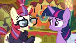 Size: 1920x1080 | Tagged: safe, derpibooru import, screencap, moondancer, twilight sparkle, twilight sparkle (alicorn), alicorn, pony, unicorn, the point of no return, spoiler:s09, bag, clothes, duo, female, glasses, image, mare, open mouth, png, saddle bag, sweater, the tasty treat