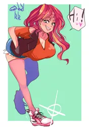 Size: 1400x2000 | Tagged: safe, artist:sozglitch, derpibooru import, sunset shimmer, human, equestria girls, bent over, big breasts, breasts, busty sunset shimmer, cleavage, clothes, female, hand in pocket, huge breasts, image, jpeg, looking at you, open mouth, open smile, shoes, shorts, smiling, smiling at you, sneakers, socks, solo, stockings, thigh highs, vest