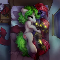 Size: 900x890 | Tagged: safe, artist:cabbage-arts, derpibooru import, oc, unofficial characters only, earth pony, pony, commission, commissioner:korenav, cuddling, earth pony oc, eyes closed, female, image, lesbian, oc x oc, png, prosthetics, shipping, sleeping