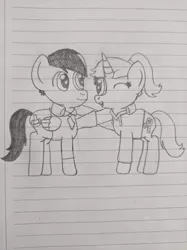 Size: 1280x1707 | Tagged: safe, artist:nightshadowmlp, derpibooru import, oc, oc:court case, oc:game point, unofficial characters only, pegasus, pony, unicorn, clothes, duo, female, hoof on shoulder, horn, image, jpeg, lined paper, male, mare, one eye closed, open mouth, pegasus oc, smiling, stallion, traditional art, unicorn oc, wings