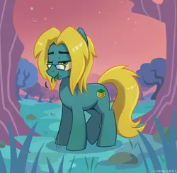 Size: 2894x2836 | Tagged: safe, artist:lummh, derpibooru import, oc, unofficial characters only, earth pony, pony, blue, bored, commission, earth pony oc, eating, eyebrows, grass, grazing, horses doing horse things, image, lidded eyes, male, original character do not steal, outdoors, png, raised hoof, signature, sky, solo, stallion, stars, sunset, tree, yellow