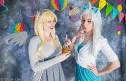 Size: 900x583 | Tagged: safe, artist:mary cahela, artist:purplepluminc, artist:yashuntafun, derpibooru import, derpy hooves, lyra heartstrings, human, clothes, cosplay, costume, food, hand on hip, image, irl, irl human, jewelry, jpeg, muffin, necklace, pearl necklace, photo